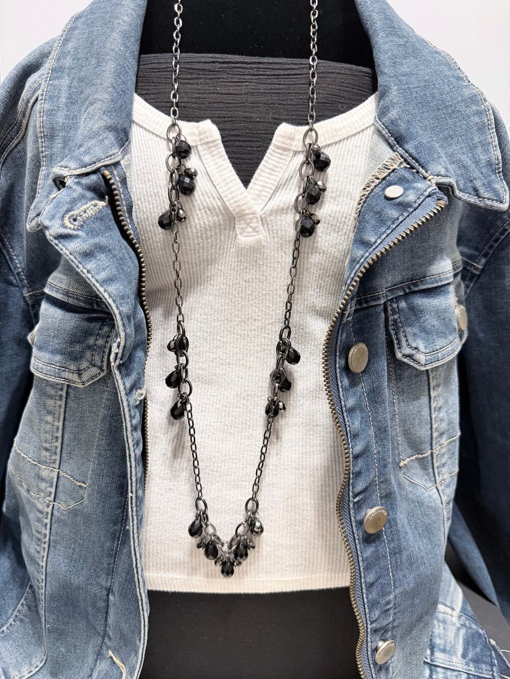 Black Faceted Teardrop Gunmetal Long Statement Necklace 18” Drop
